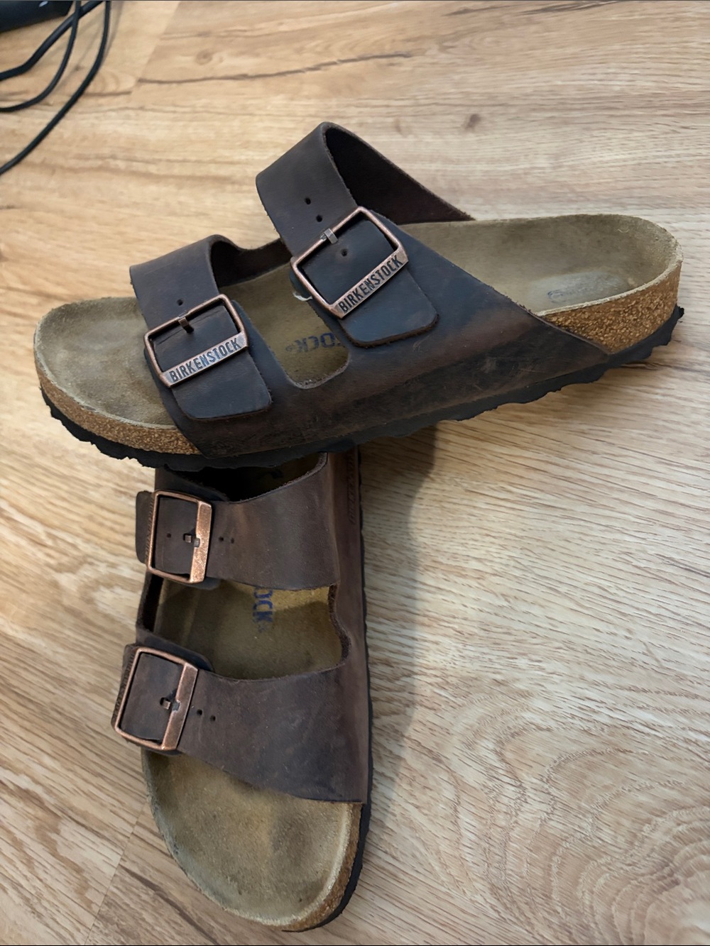 Birkenstock Brown Leather Two-Strap Sandals with Copper Buckles